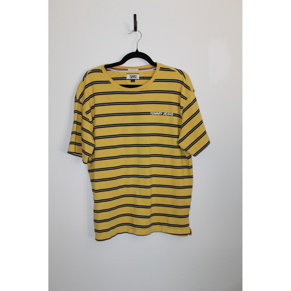 Tommy Jeans Mens Relaxed Fit Striped T-Shirt Yellow Navy White Medium Preppy Y2K